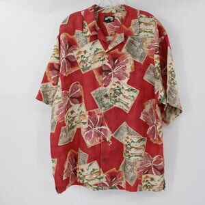 Tommy Bahama Hawaiian Shirt Mens Large Linen camp loop collar postcard floral